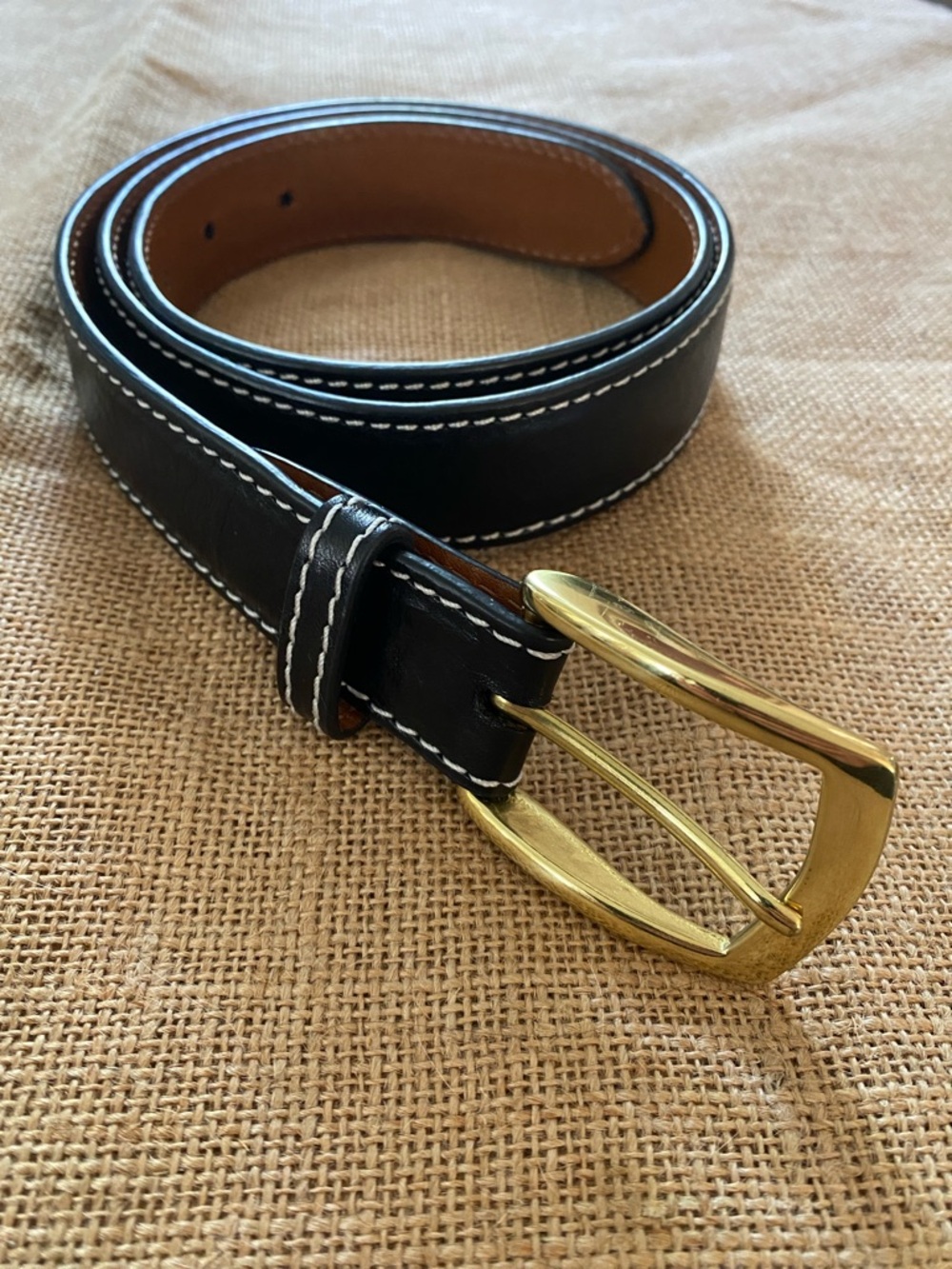 J Hilburn Black Leather Belt White Stitching Gold Tone Hardware 36
